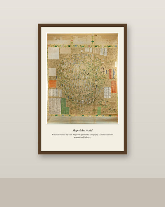 Buddhist Map of the World antique world map print shown framed on a wall in a styled room