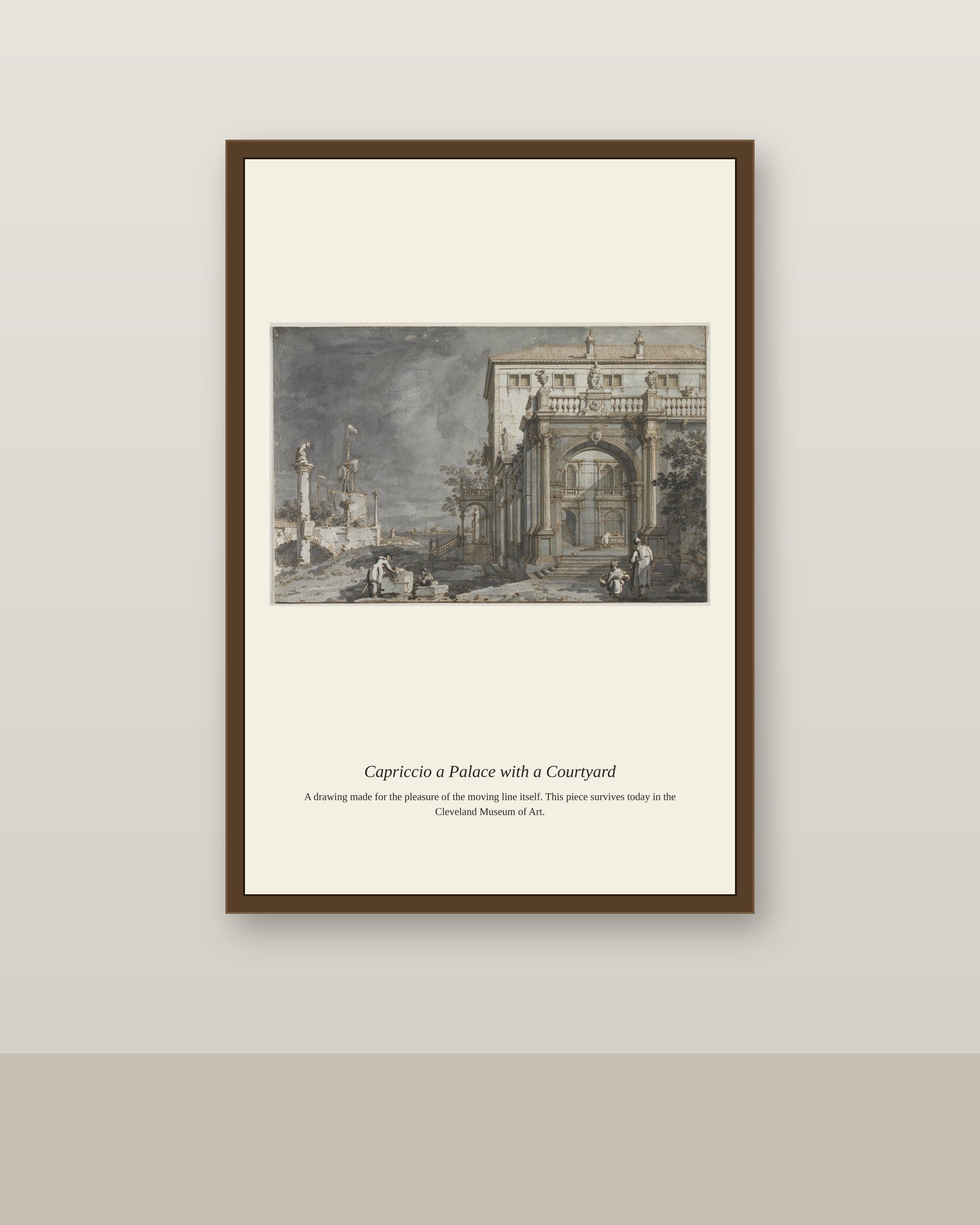 Capriccio a Palace with a Courtyard antique architectural print shown framed on a wall in a styled room