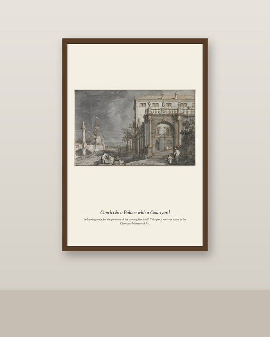Capriccio a Palace with a Courtyard antique architectural print shown framed on a wall in a styled room