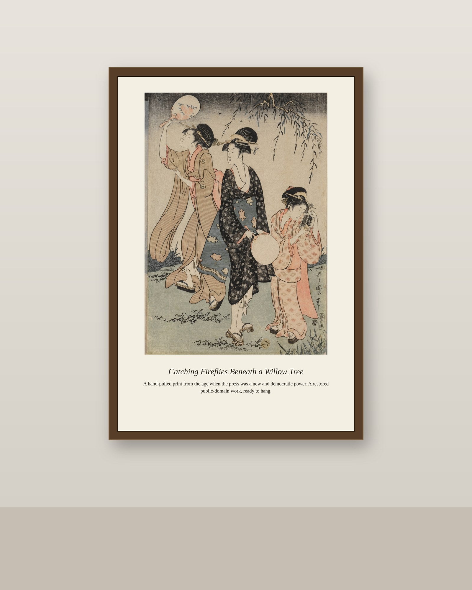 Catching Fireflies Beneath a Willow Tree antique art print shown framed on a wall in a styled room