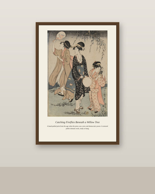 Catching Fireflies Beneath a Willow Tree antique art print shown framed on a wall in a styled room