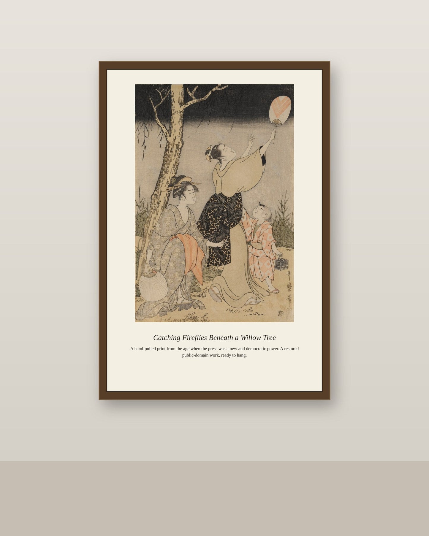 Catching Fireflies Beneath a Willow Tree (2) antique art print shown framed on a wall in a styled room