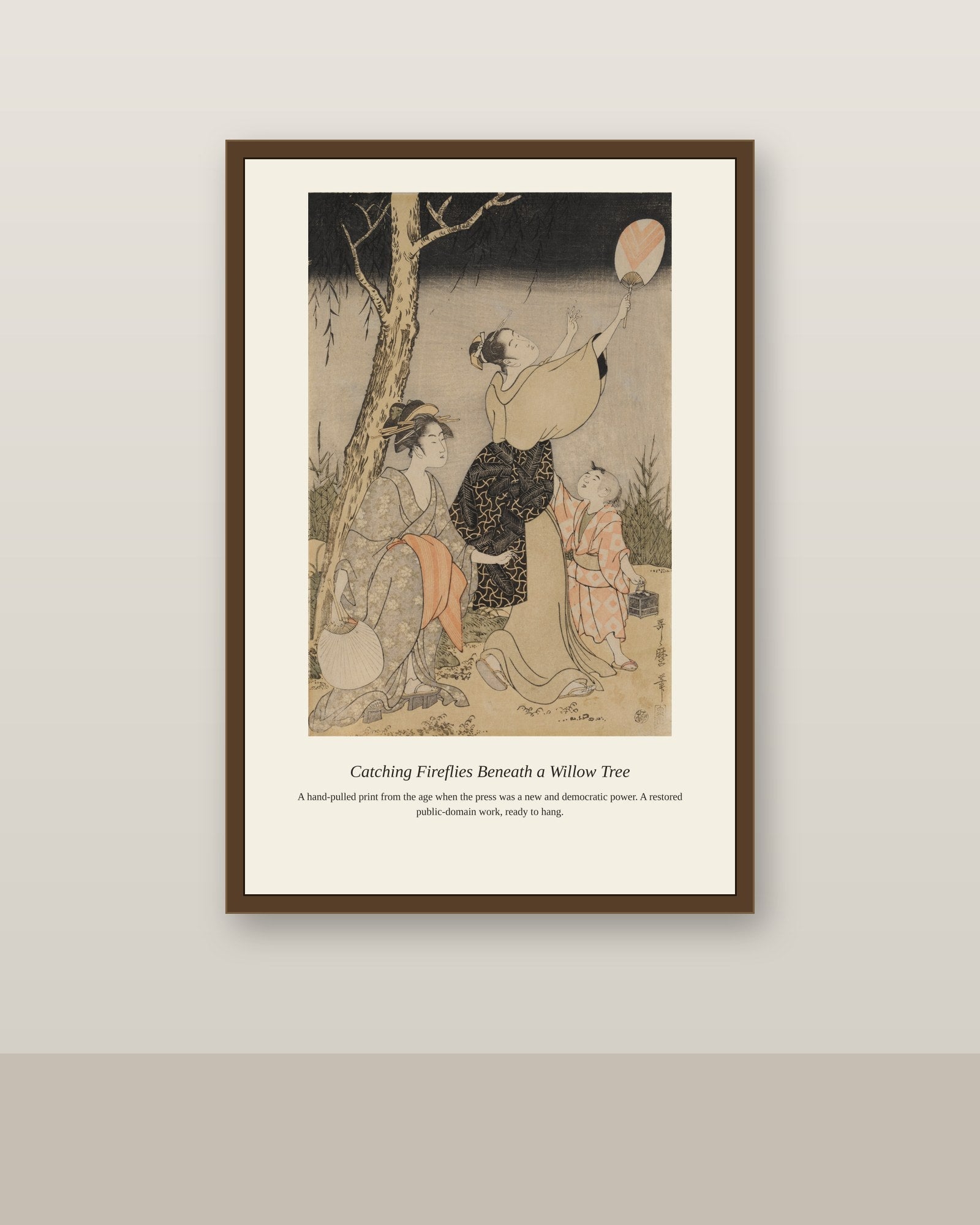 Catching Fireflies Beneath a Willow Tree (2) antique art print shown framed on a wall in a styled room
