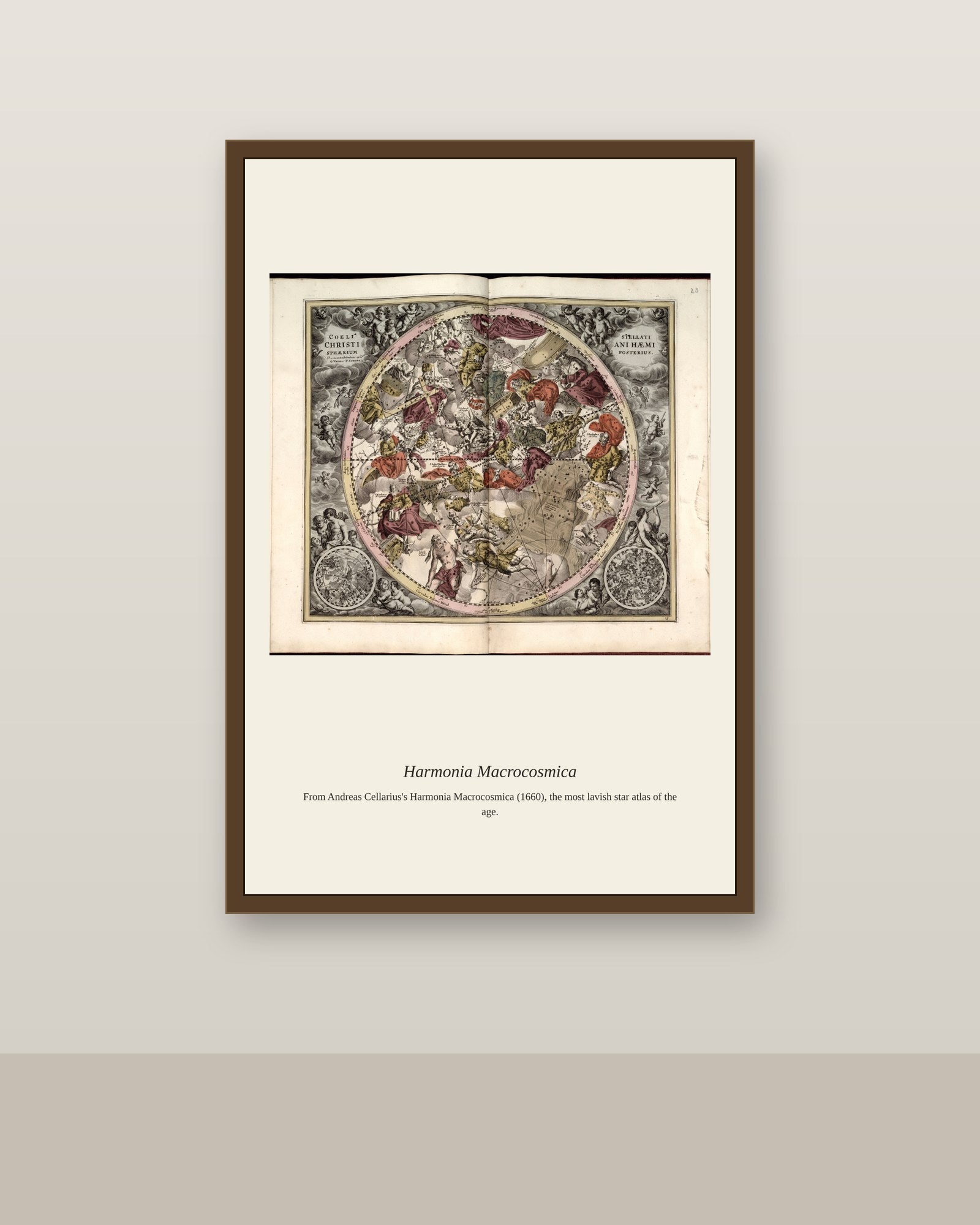 Cellarius Celestial Chart antique celestial print shown framed on a wall in a styled room