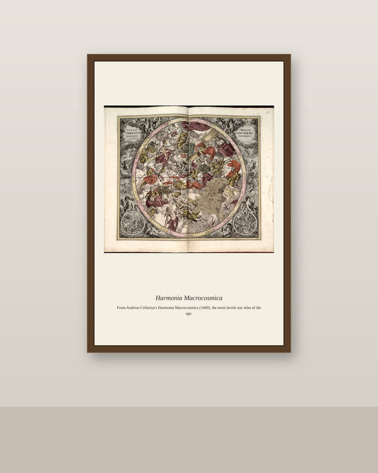 Cellarius Celestial Chart antique celestial print shown framed on a wall in a styled room