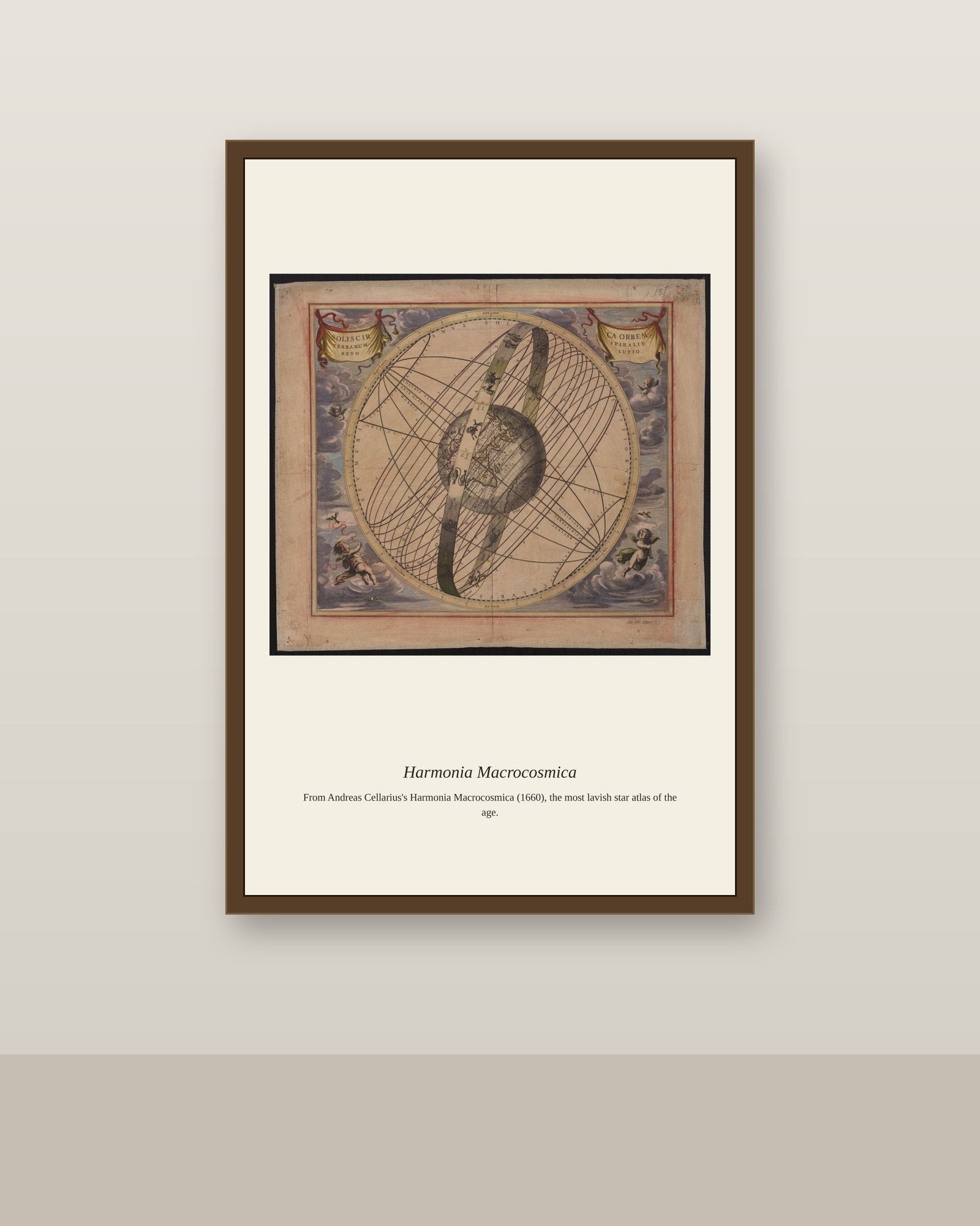 Cellarius Celestial Chart (13) antique celestial print shown framed on a wall in a styled room