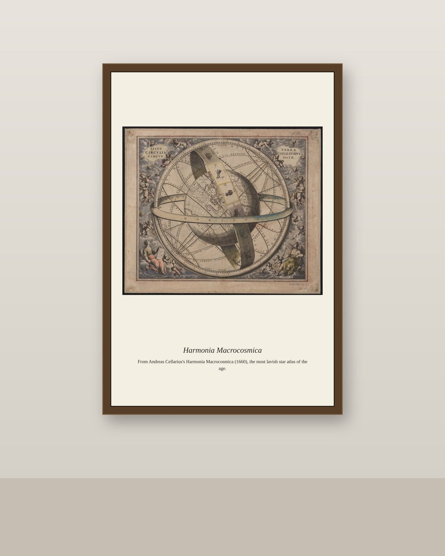 Cellarius Celestial Chart (14) antique celestial print shown framed on a wall in a styled room