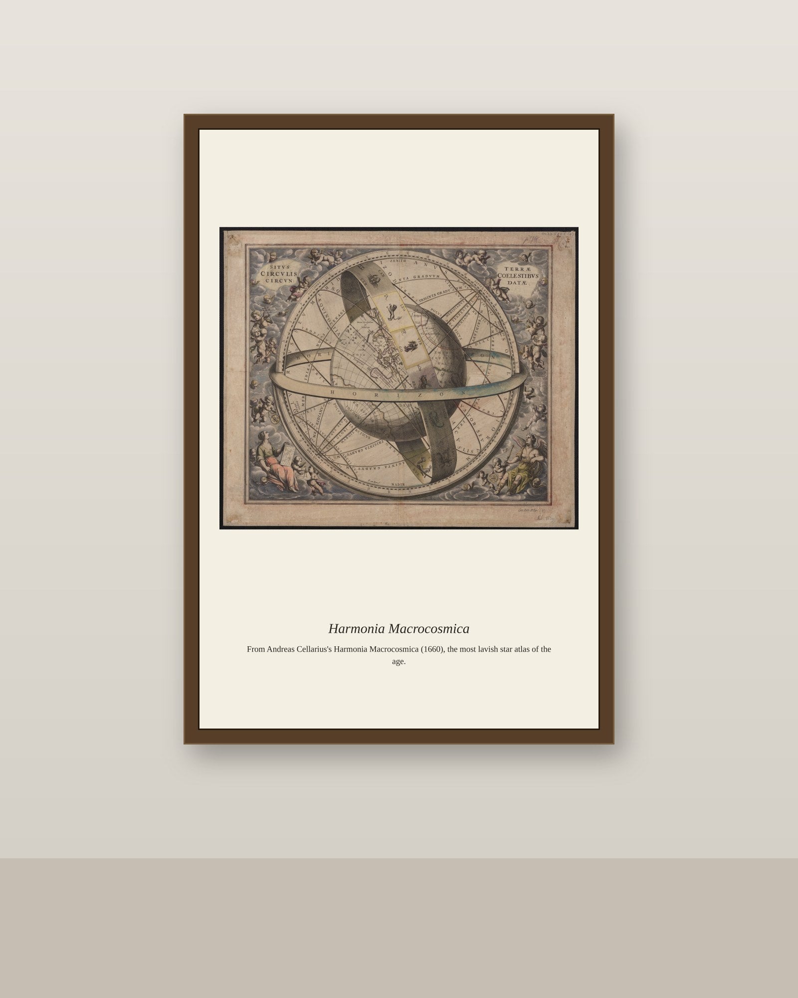 Cellarius Celestial Chart (14) antique celestial print shown framed on a wall in a styled room