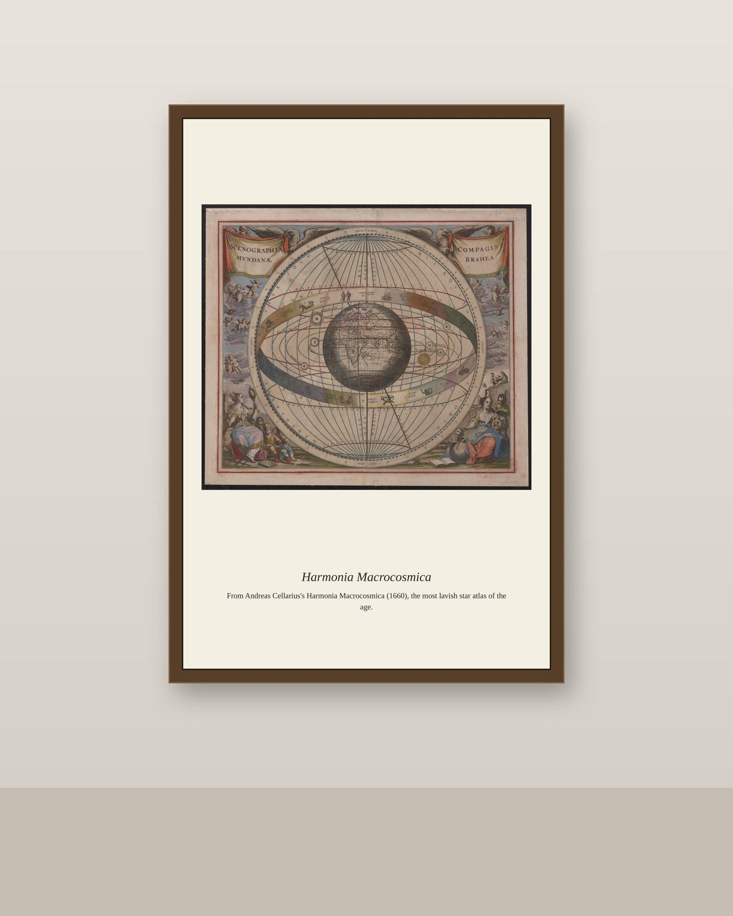 Cellarius Celestial Chart (16) antique celestial print shown framed on a wall in a styled room