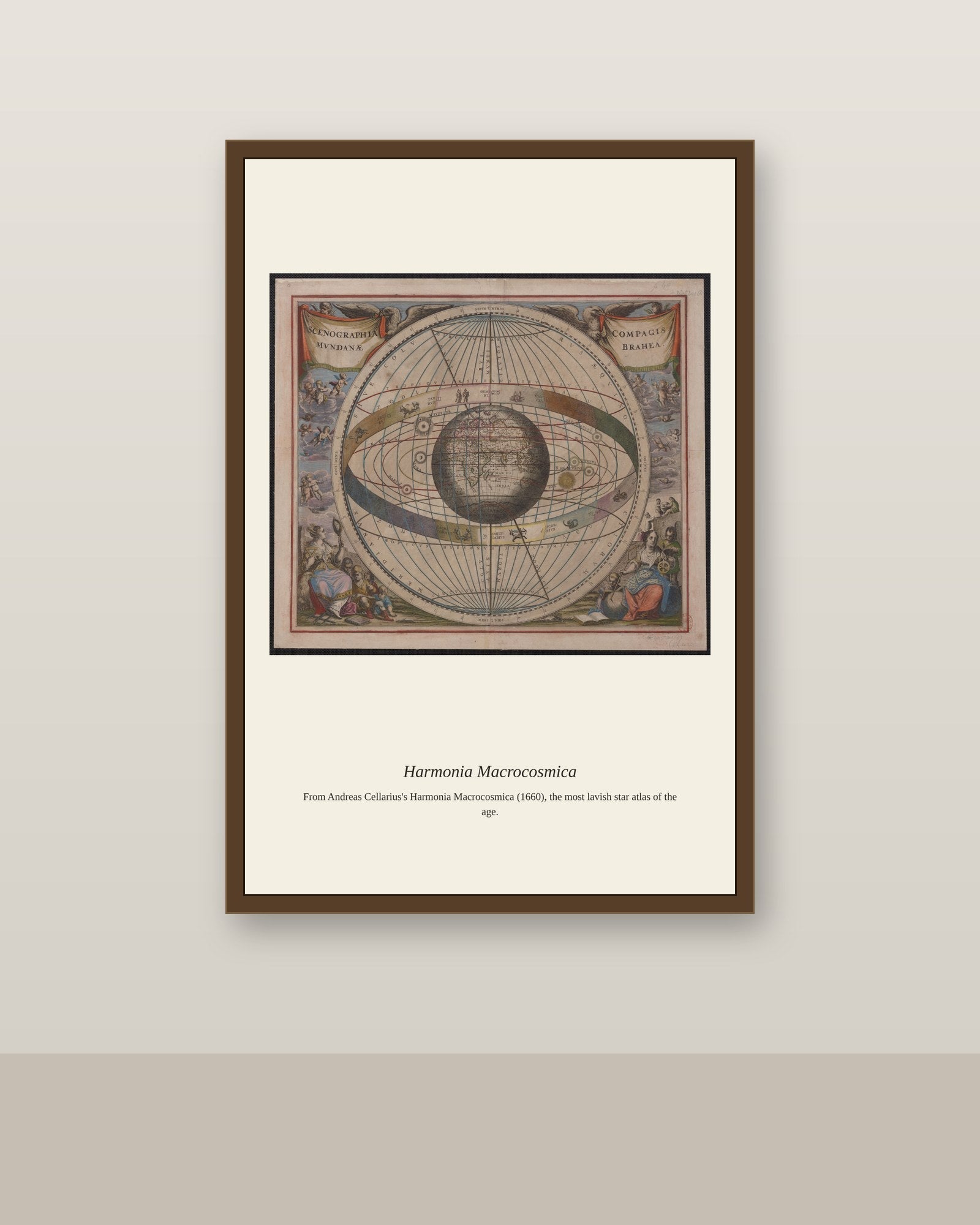 Cellarius Celestial Chart (16) antique celestial print shown framed on a wall in a styled room
