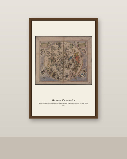 Cellarius Celestial Chart (17) antique celestial print shown framed on a wall in a styled room