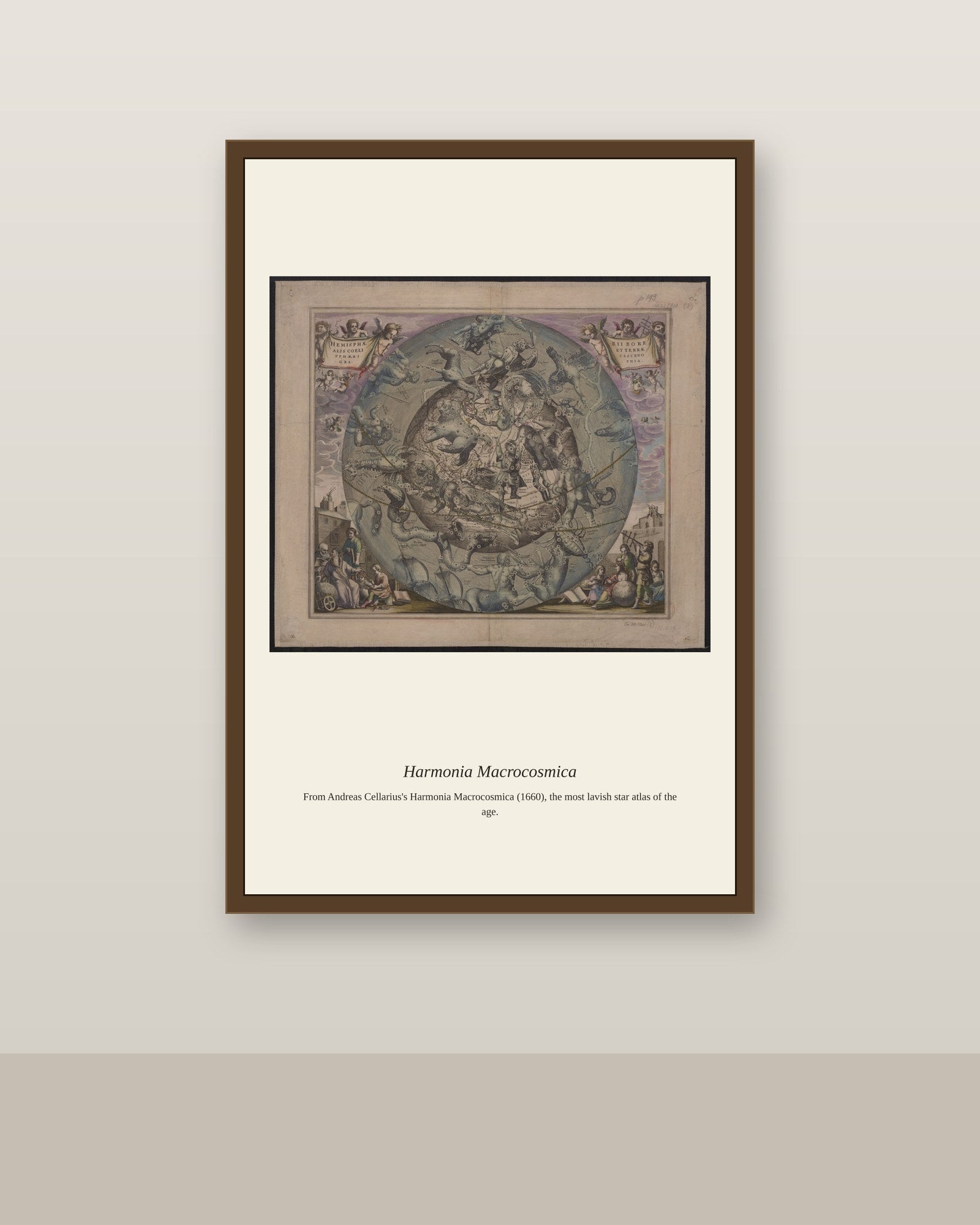 Cellarius Celestial Chart (18) antique celestial print shown framed on a wall in a styled room