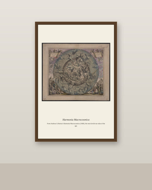 Cellarius Celestial Chart (18) antique celestial print shown framed on a wall in a styled room