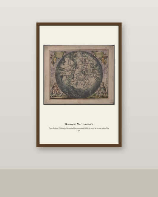 Cellarius Celestial Chart (21) antique celestial print shown framed on a wall in a styled room