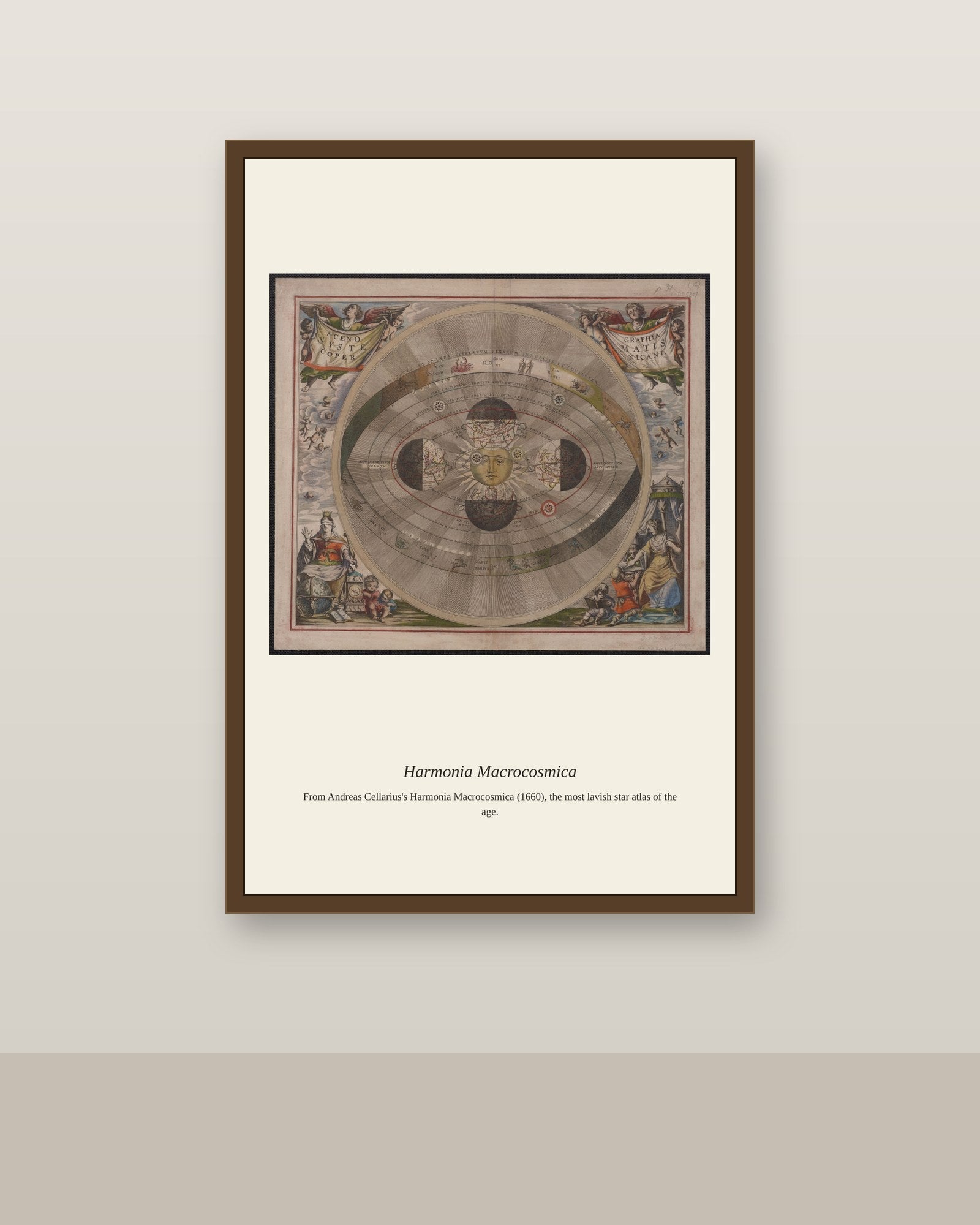 Cellarius Celestial Chart (22) antique celestial print shown framed on a wall in a styled room