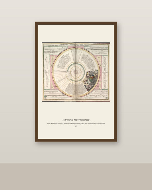 Cellarius Celestial Chart (3) antique celestial print shown framed on a wall in a styled room