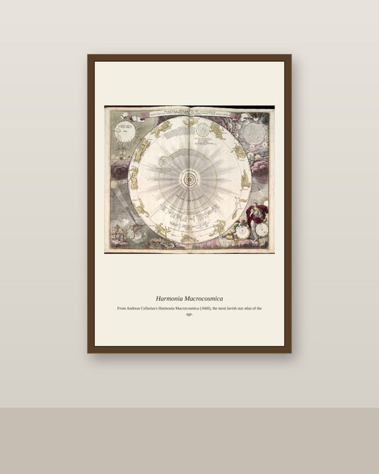 Cellarius Celestial Chart (5) antique celestial print shown framed on a wall in a styled room