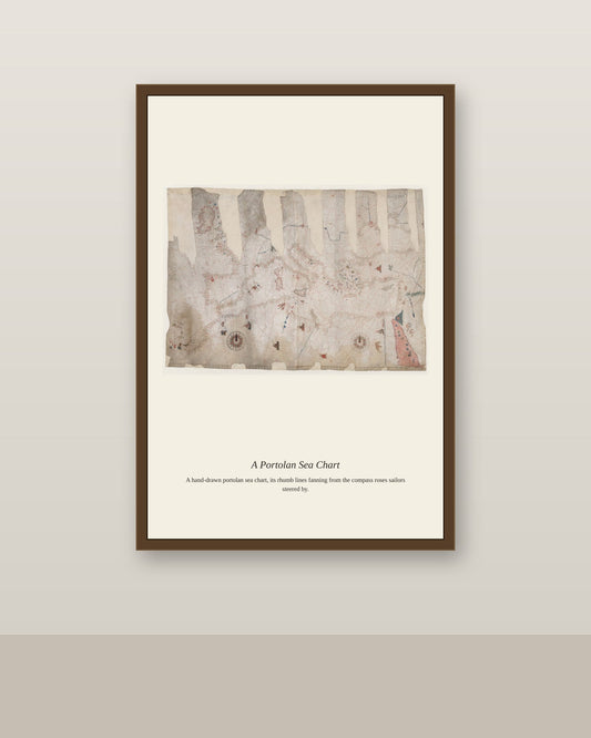 Chart of the Atlantic Ocean antique art print shown framed on a wall in a styled room