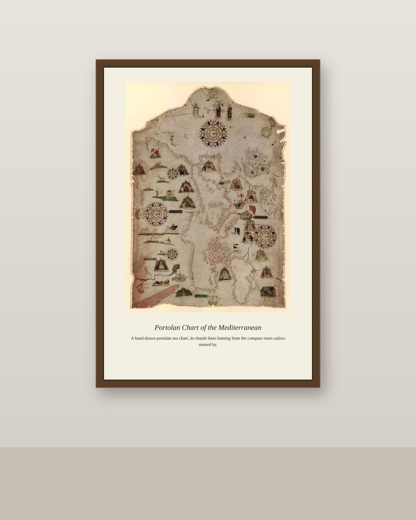Chart of the Mediterranean, Black Sea antique nautical chart print shown framed on a wall in a styled room