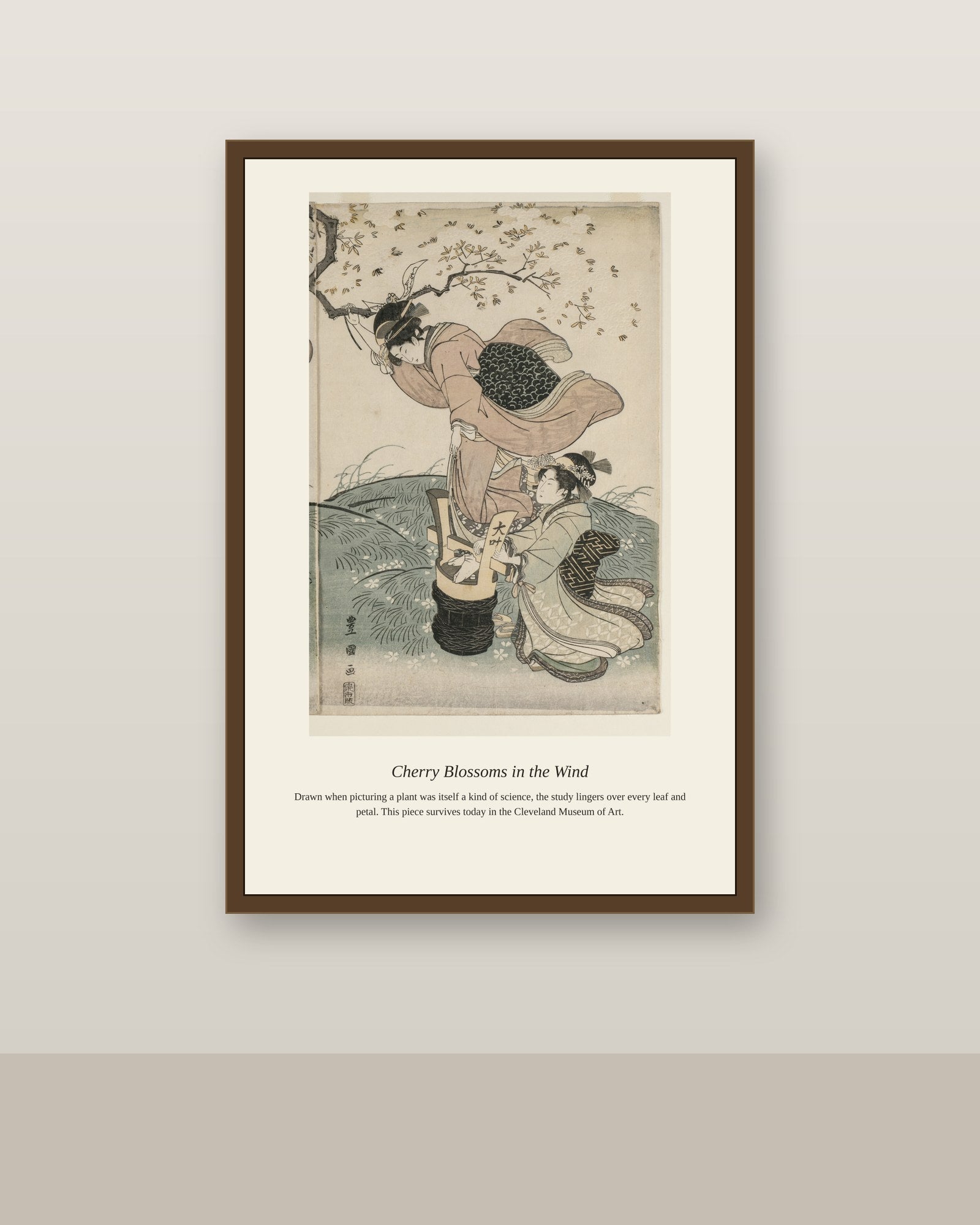 Cherry Blossoms in the Wind antique botanical print shown framed on a wall in a styled room
