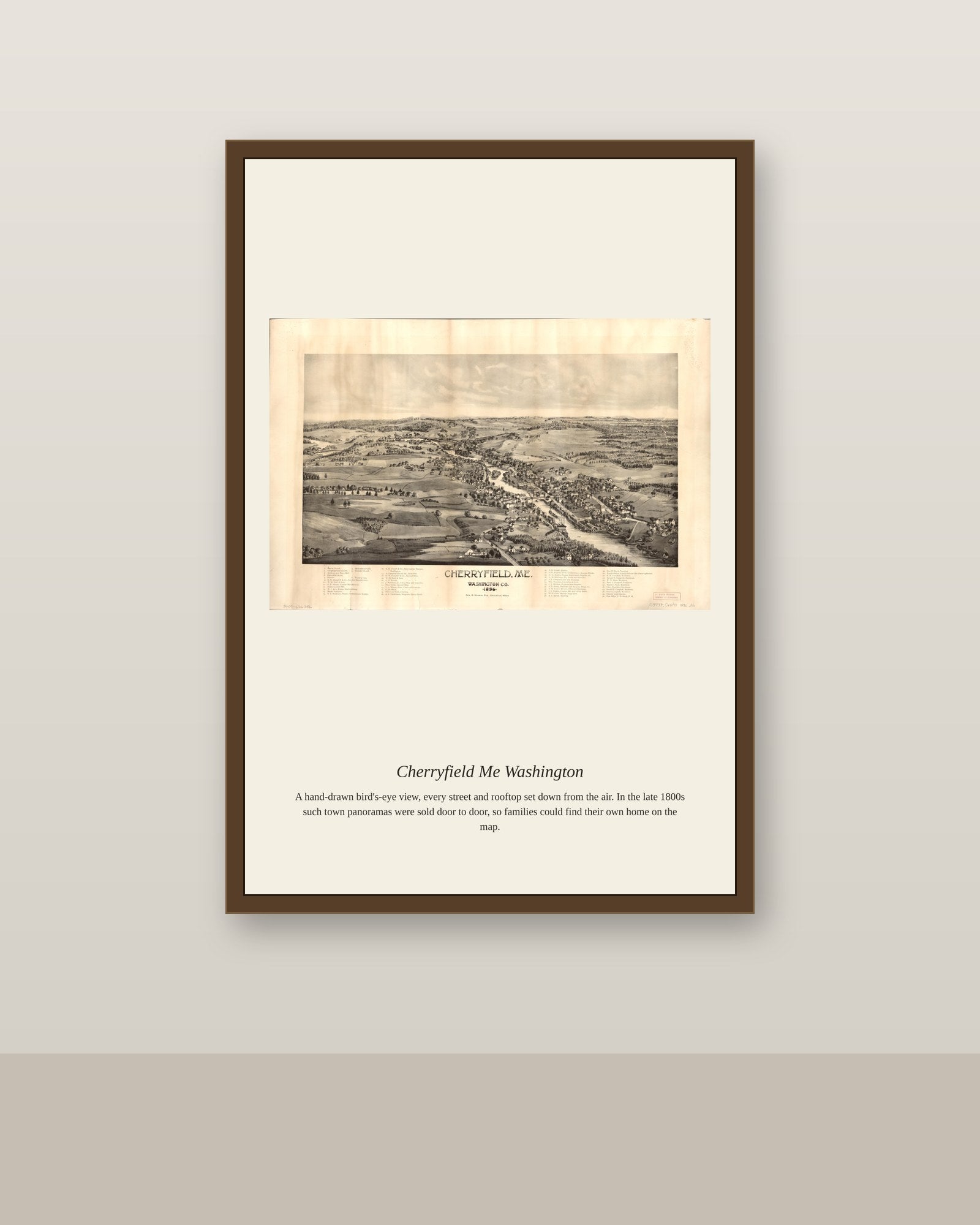 Cherryfield Me Washington antique map print shown framed on a wall in a styled room