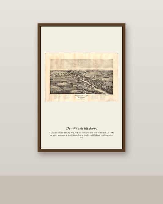 Cherryfield Me Washington antique map print shown framed on a wall in a styled room