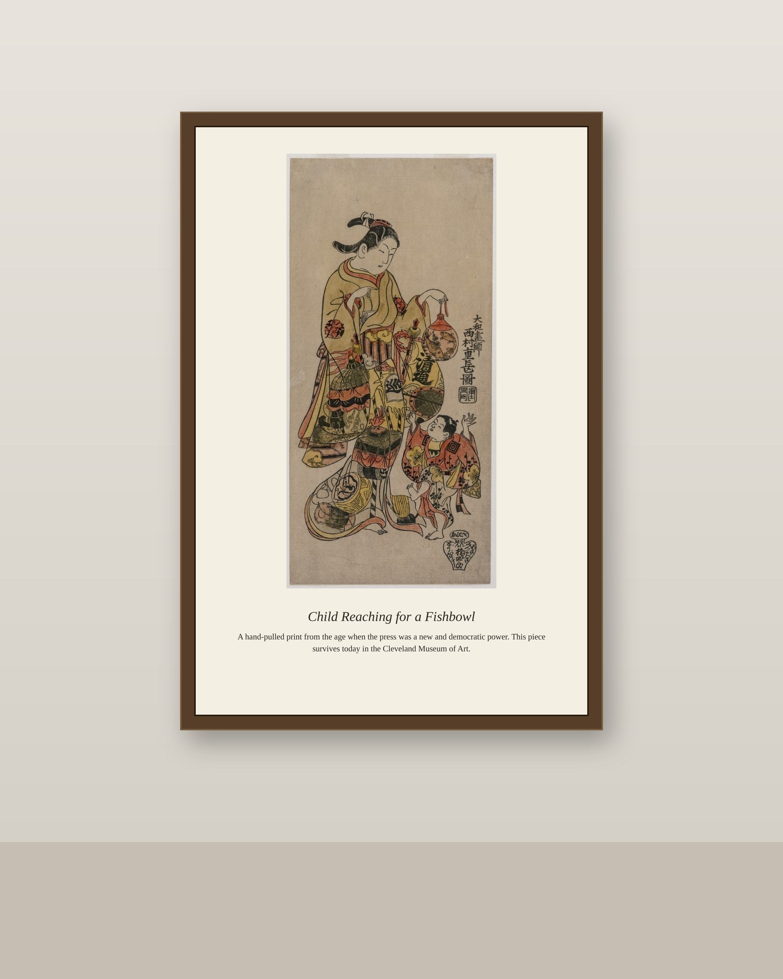 Child Reaching for a Fishbowl antique natural history print shown framed on a wall in a styled room