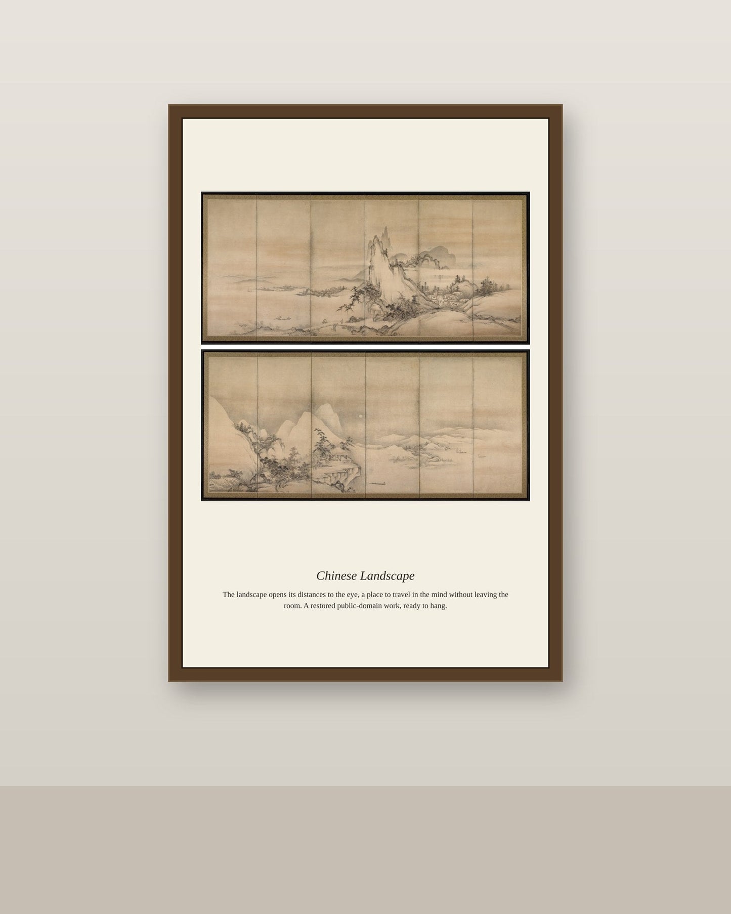 Chinese Landscape antique landscape print shown framed on a wall in a styled room