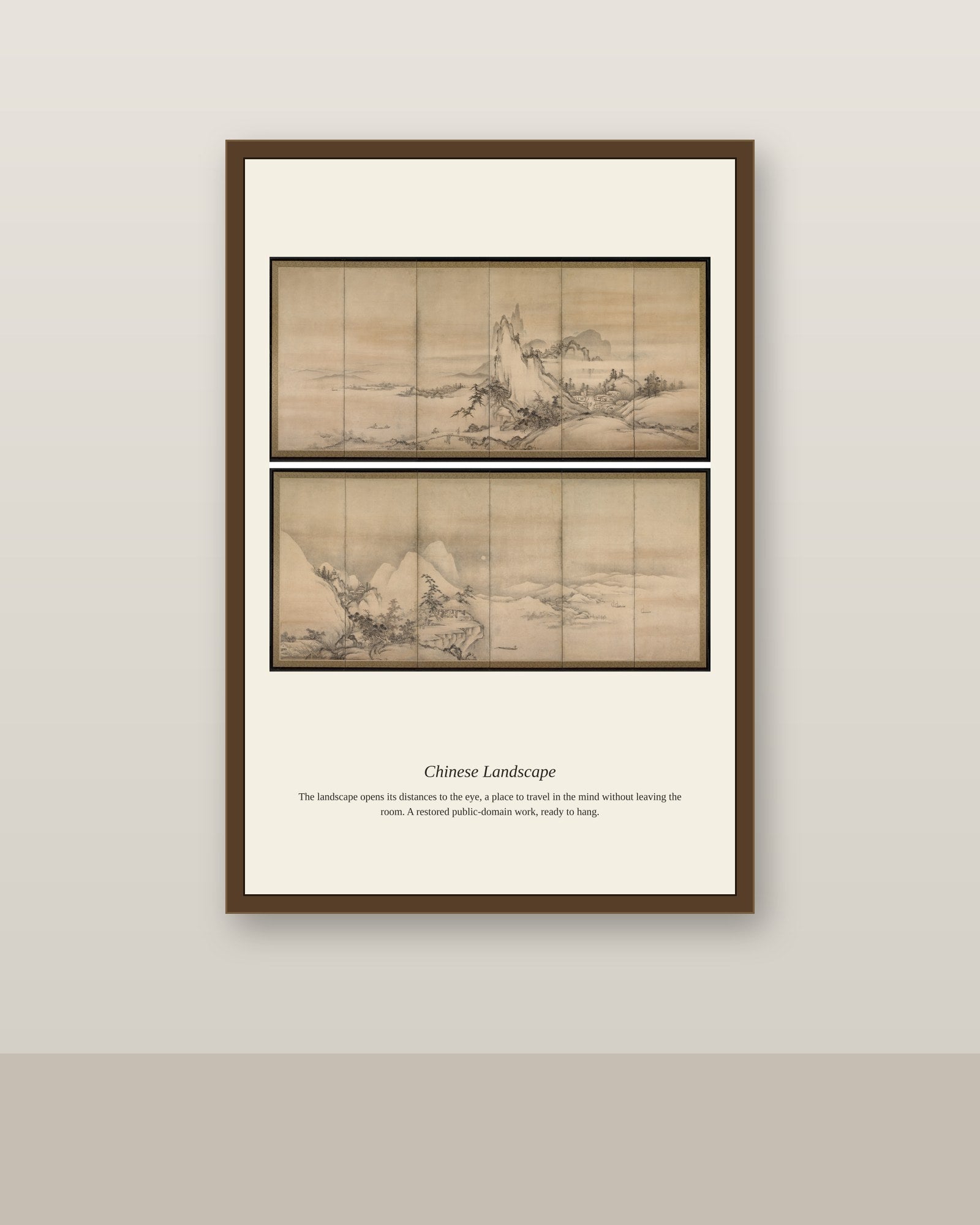 Chinese Landscape antique landscape print shown framed on a wall in a styled room
