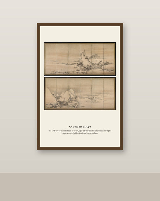 Chinese Landscape antique landscape print shown framed on a wall in a styled room