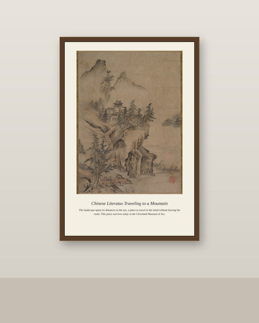 Chinese Literatus Traveling to a Mountain antique landscape print shown framed on a wall in a styled room