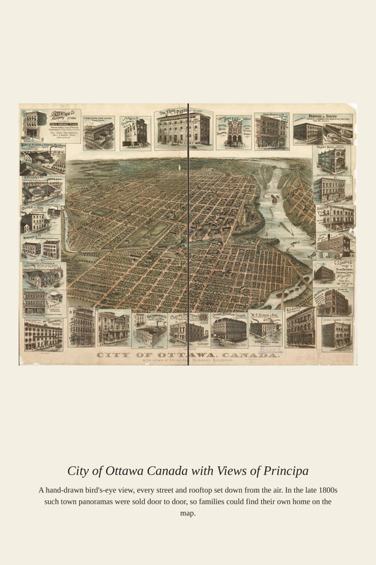 City of Ottawa Canada antique bird's-eye map Parliament river streets sepia vignettes landmark border panels