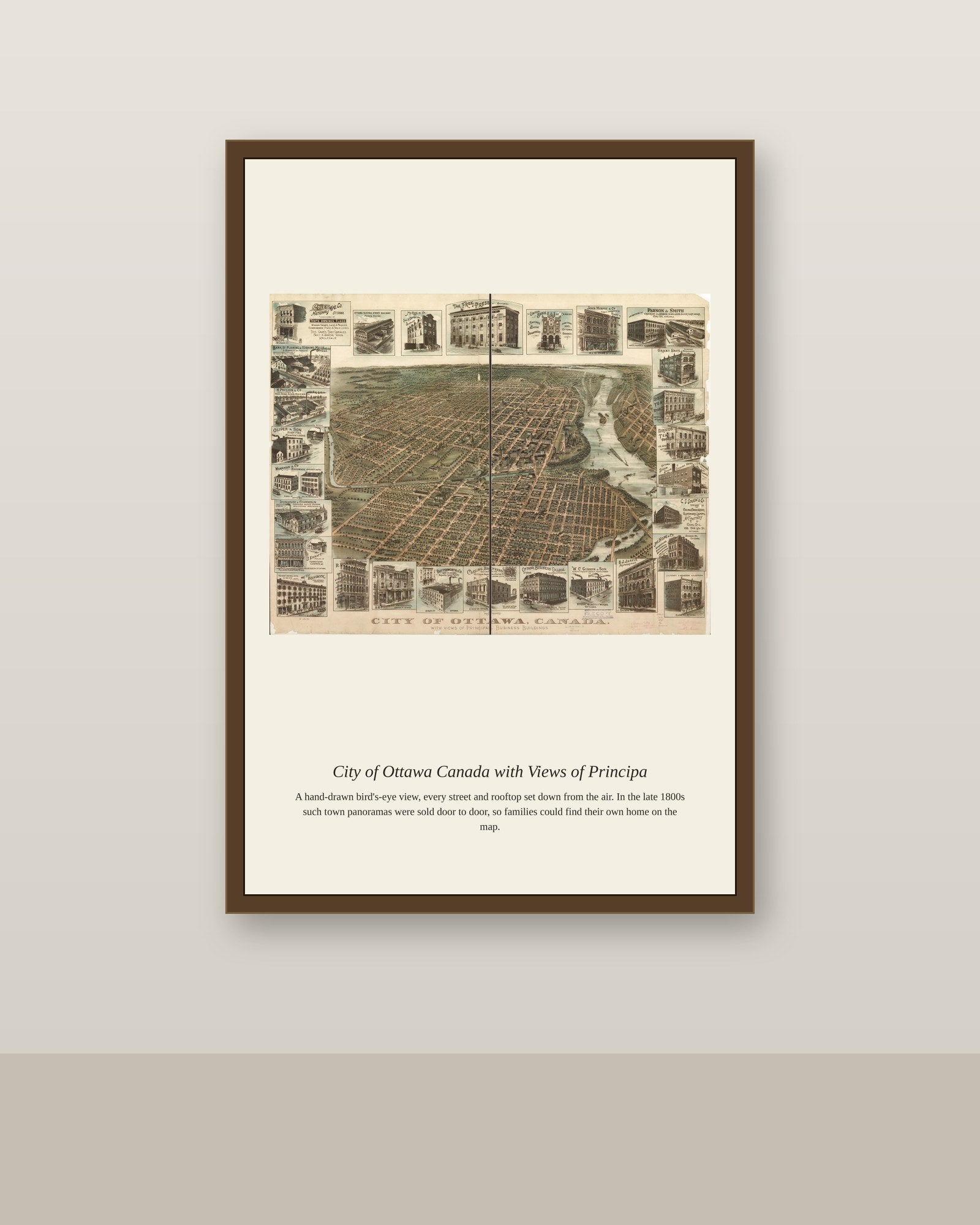City of Ottawa Canada with Views of Principa antique map print shown framed on a wall in a styled room
