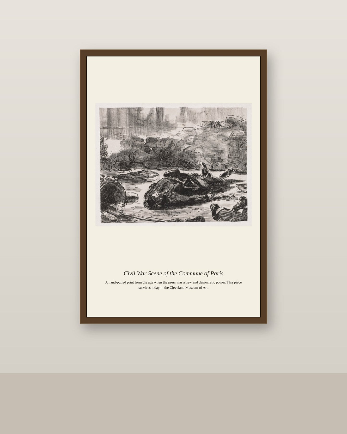 Civil War Scene of the Commune of Paris antique mythological print shown framed on a wall in a styled room