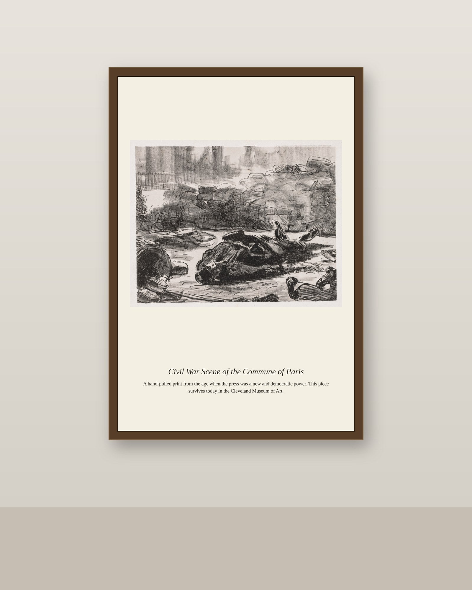 Civil War Scene of the Commune of Paris antique mythological print shown framed on a wall in a styled room