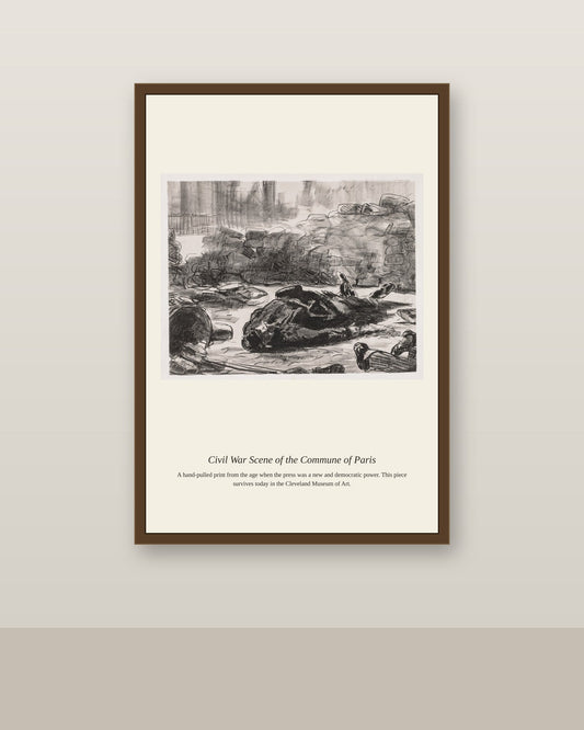 Civil War Scene of the Commune of Paris antique mythological print shown framed on a wall in a styled room