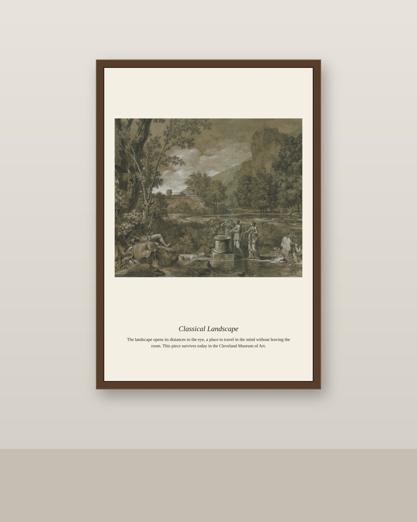 Classical Landscape antique landscape print shown framed on a wall in a styled room