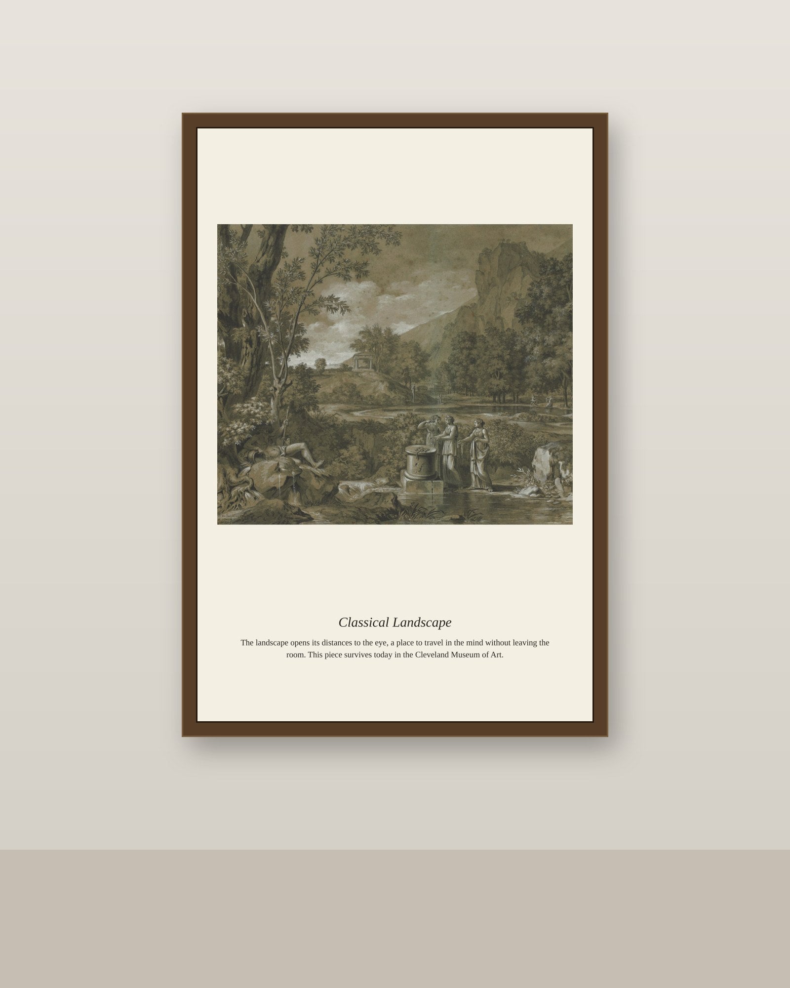 Classical Landscape antique landscape print shown framed on a wall in a styled room