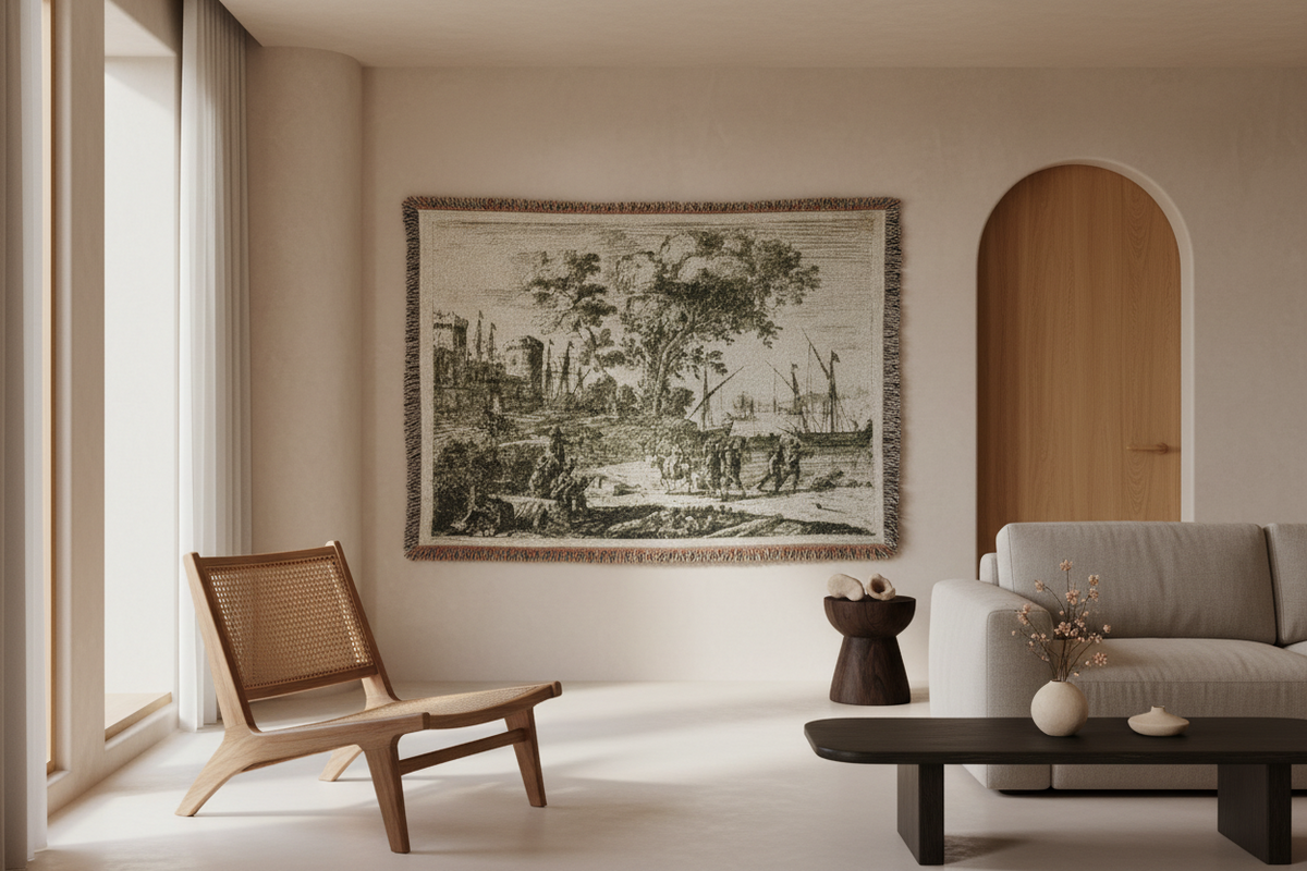 Coast Scene with an Artist Drawing — Lorrain Tapestry Blanket