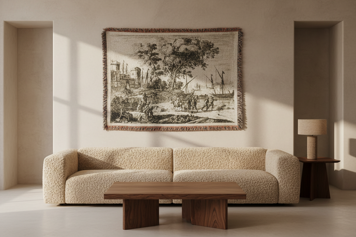 Coast Scene with an Artist Drawing — Lorrain Tapestry Blanket