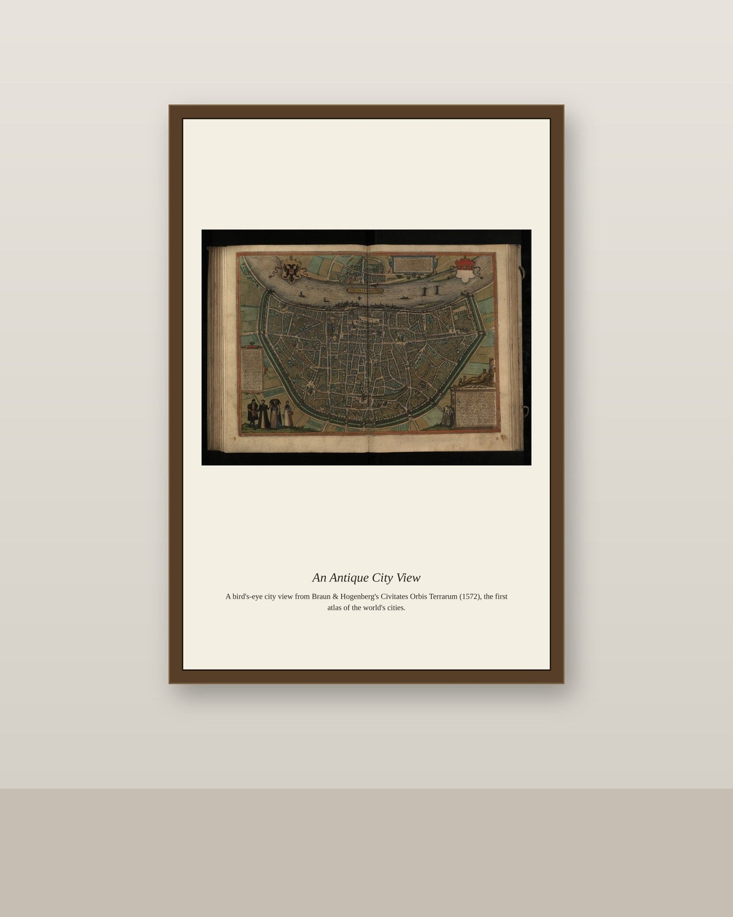 Cologne antique city map print shown framed on a wall in a styled room