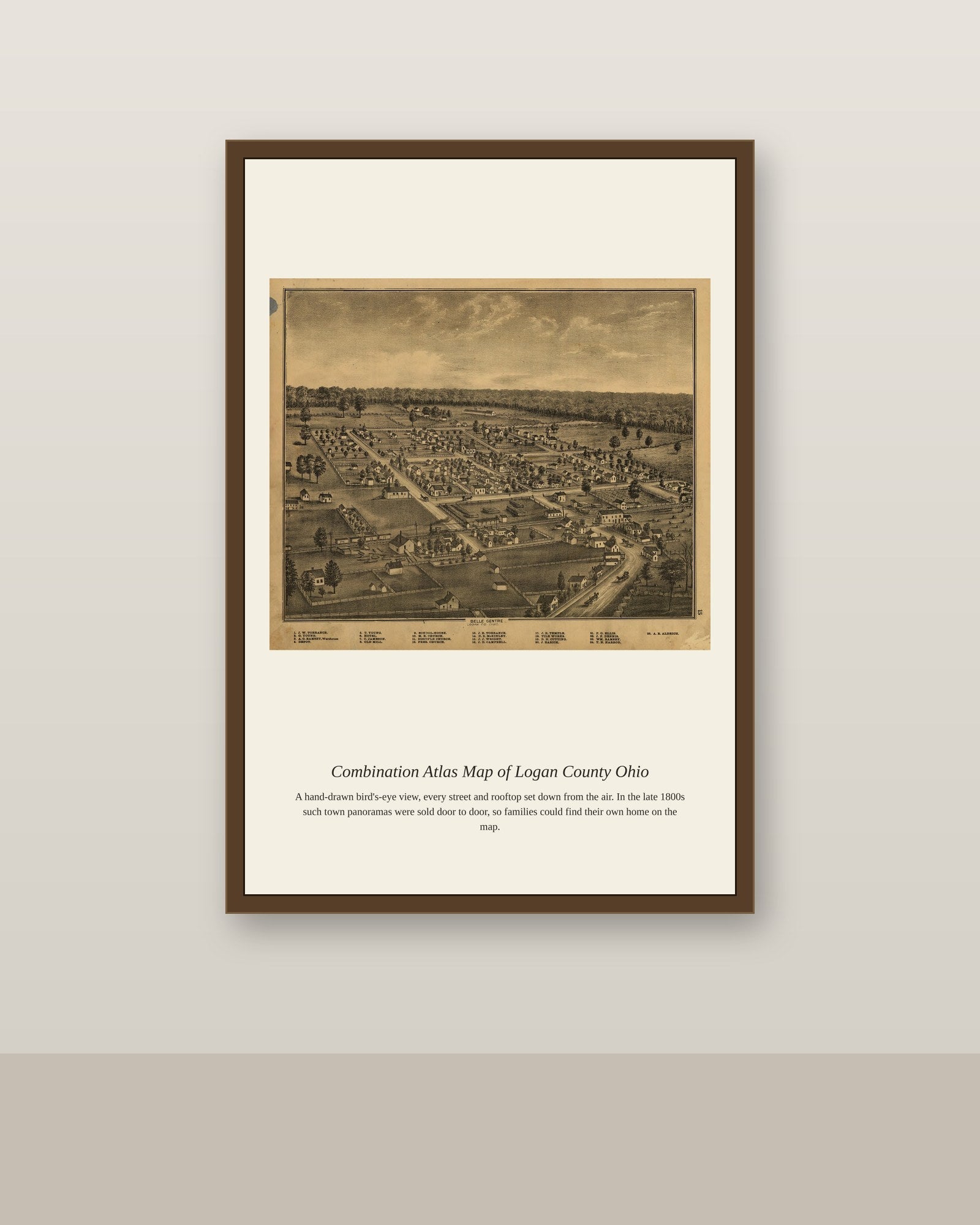 Combination Atlas Map of Logan County Ohio antique map print shown framed on a wall in a styled room
