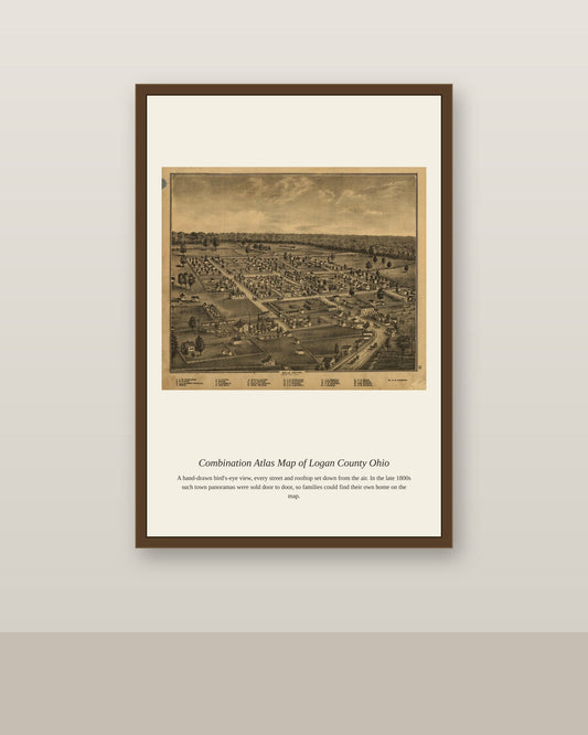Combination Atlas Map of Logan County Ohio antique map print shown framed on a wall in a styled room