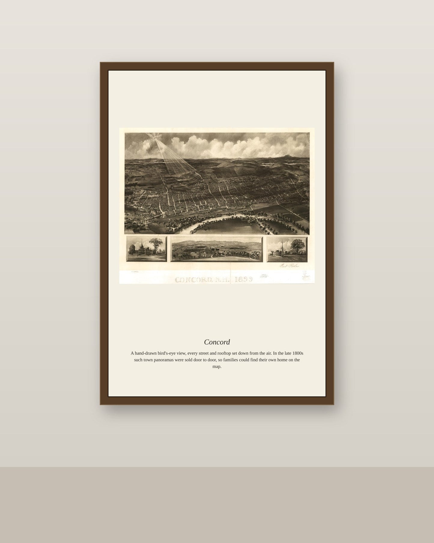 Concord antique map print shown framed on a wall in a styled room