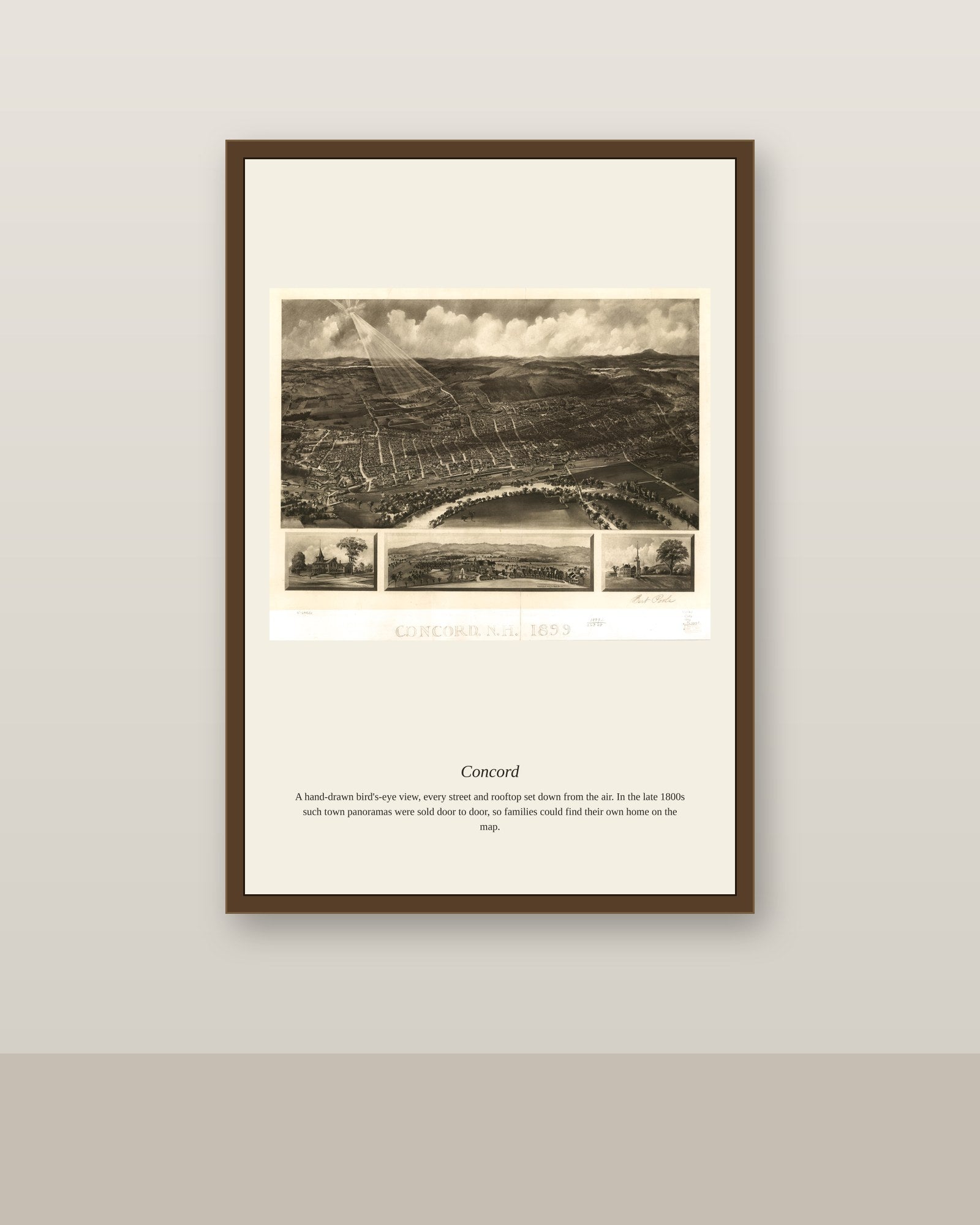 Concord antique map print shown framed on a wall in a styled room