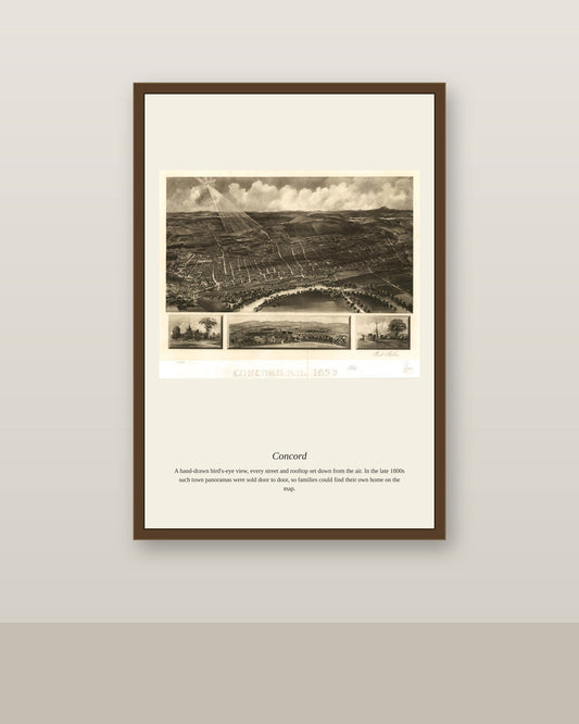 Concord antique map print shown framed on a wall in a styled room
