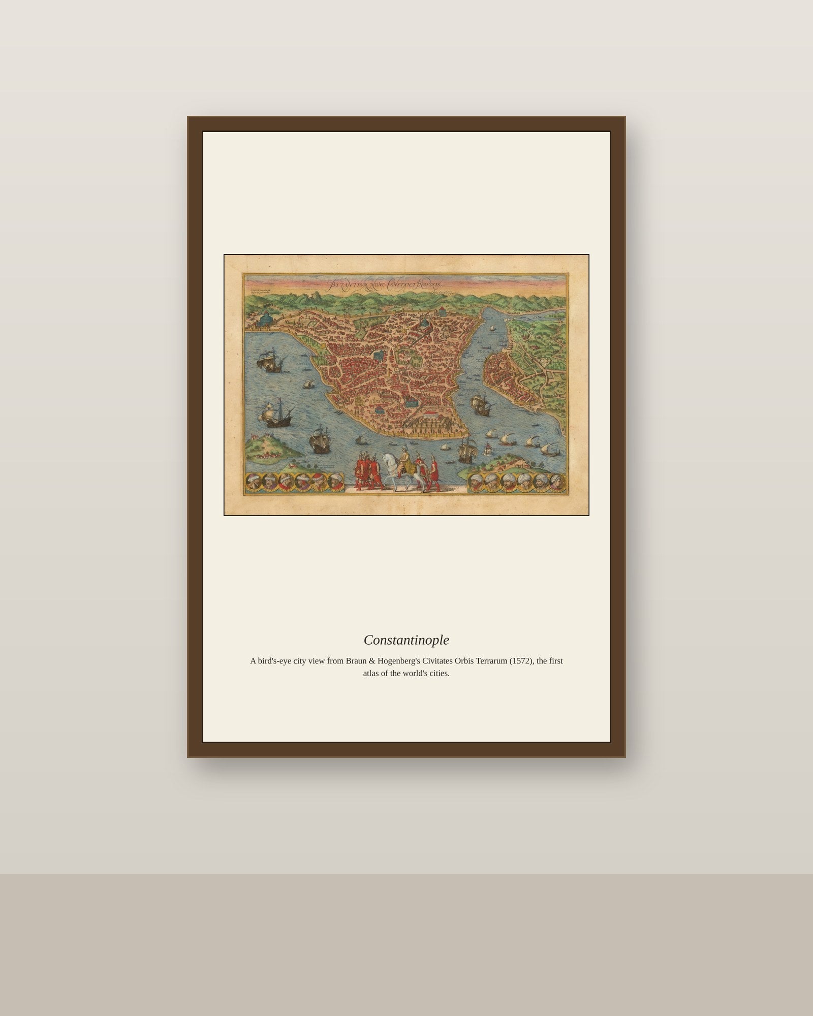 Constantinople antique city map print shown framed on a wall in a styled room