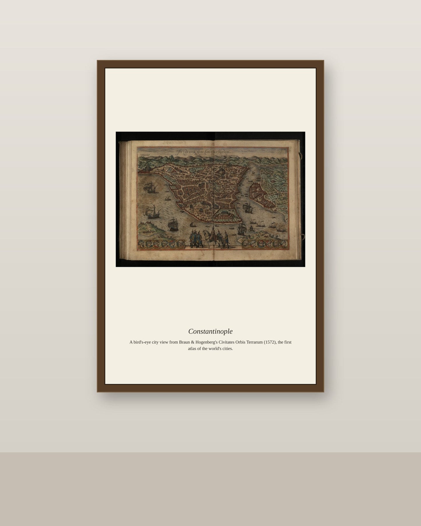 Constantinople (3) antique city map print shown framed on a wall in a styled room