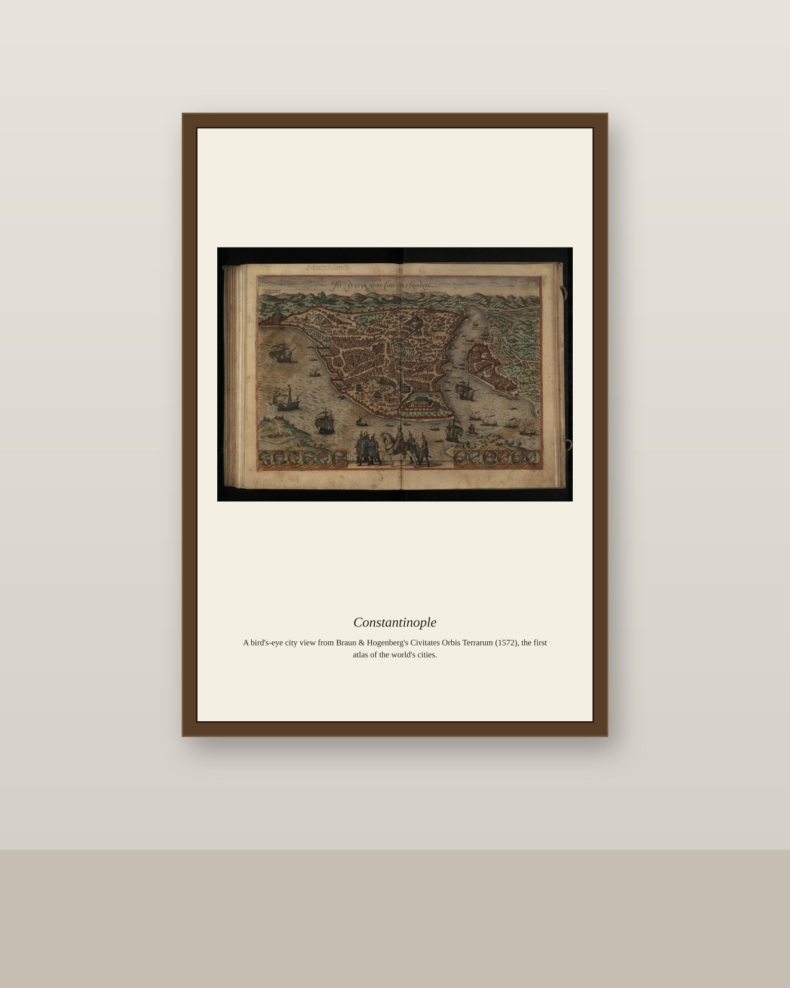 Constantinople (3) antique city map print shown framed on a wall in a styled room