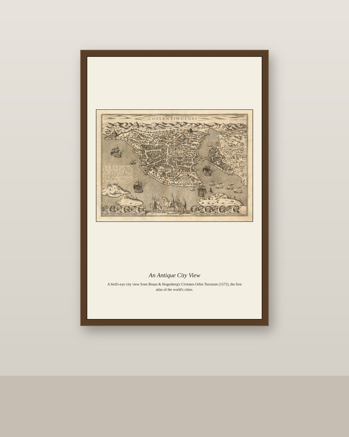 Costantinopoli antique art print shown framed on a wall in a styled room